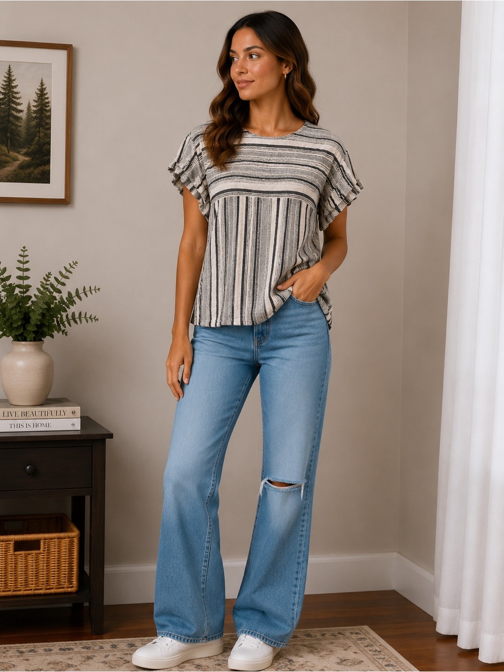 100% Cotton Doe & Rae Striped Ruffle Sleeve Top